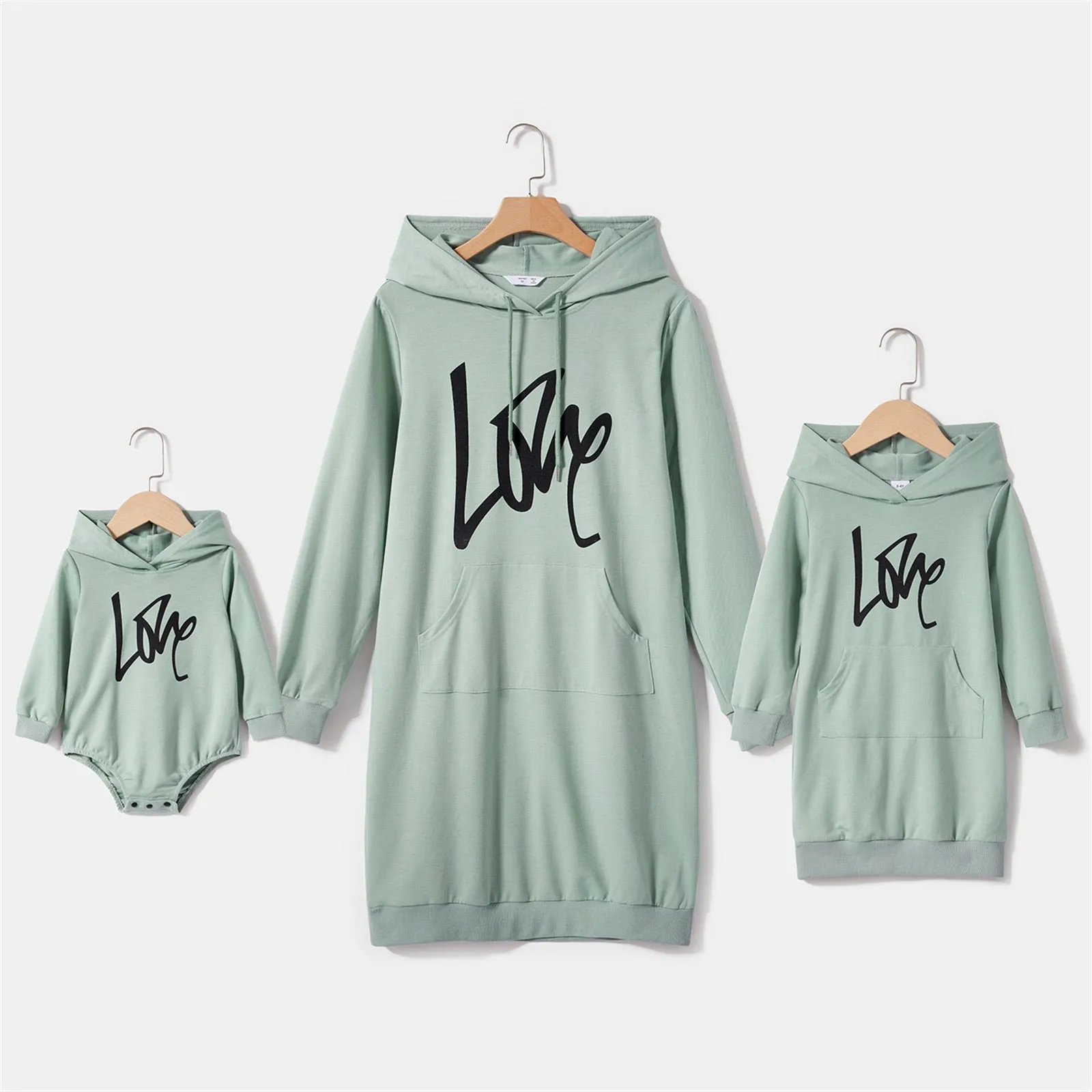 Matching Family Outfit - Green Dress with Hood and Long Sleeves Letter Print