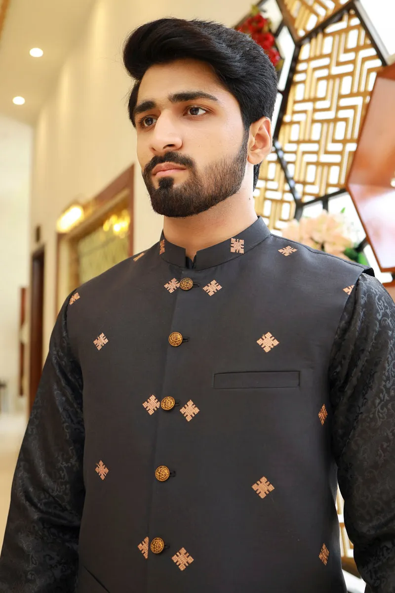 Men Premium Embroidered Waistcoat Black