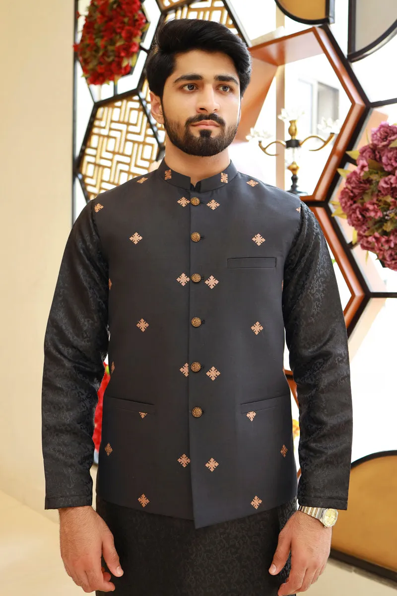 Men Premium Embroidered Waistcoat Black