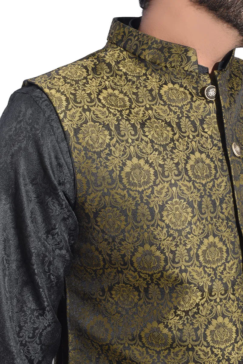 Men Premium Jamawar Waistcoat Golden