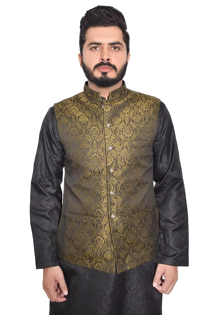 Men Premium Jamawar Waistcoat Golden