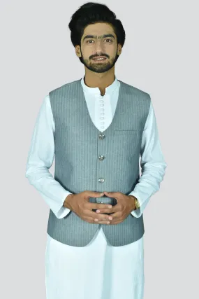 Men Round Cut Style Waistcoat Light Blue