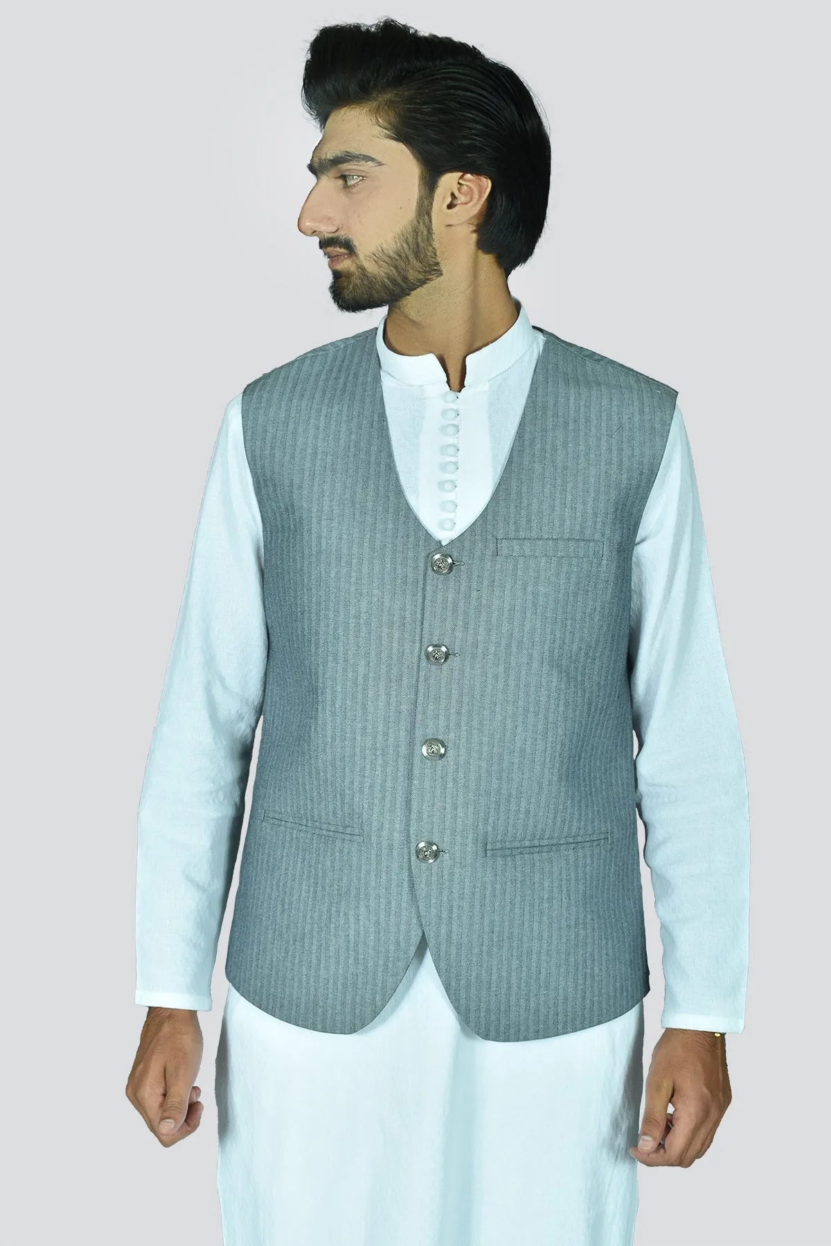 Men Round Cut Style Waistcoat Light Blue