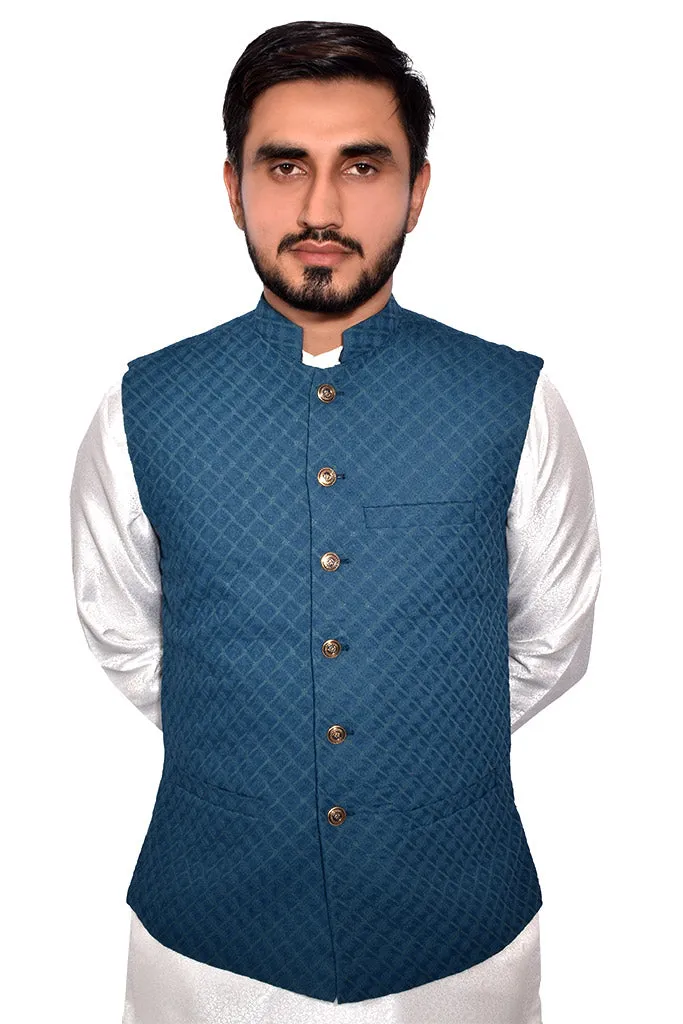 Men Self Design Waistcoat Turquoise