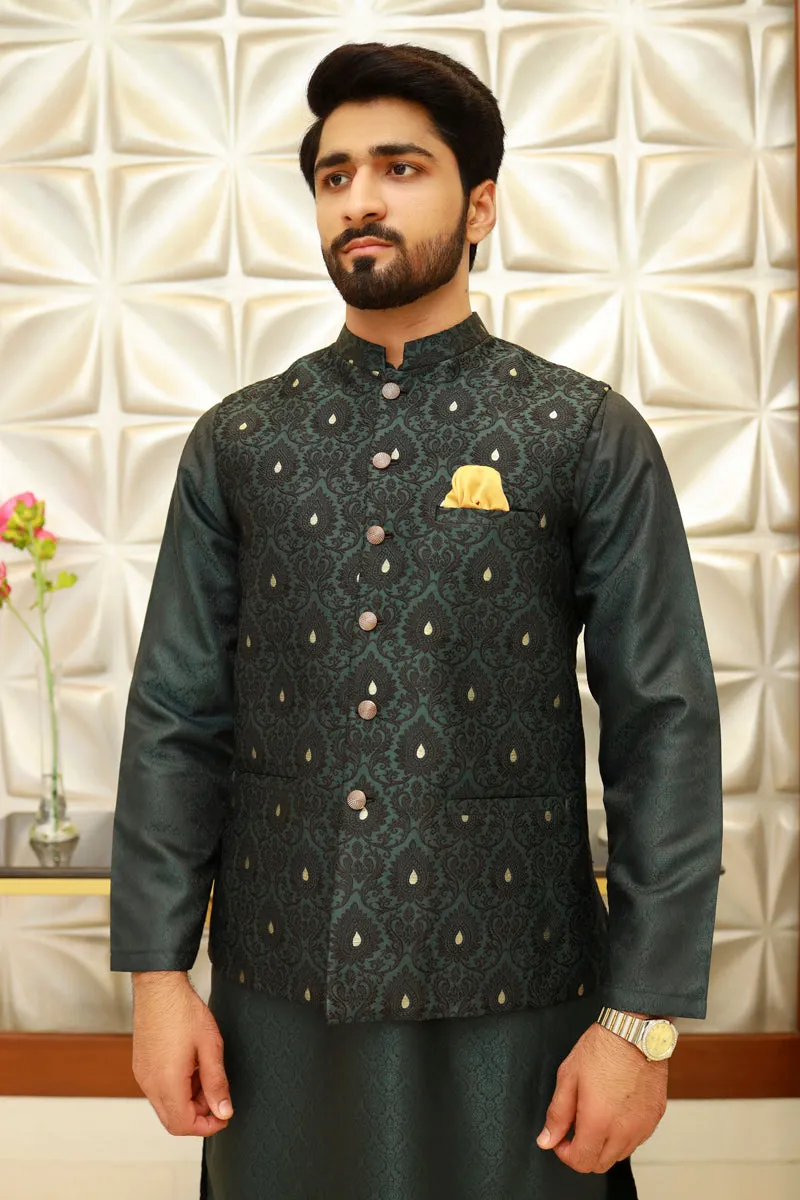 Men Self Printed Jamawar Waistcoat Green