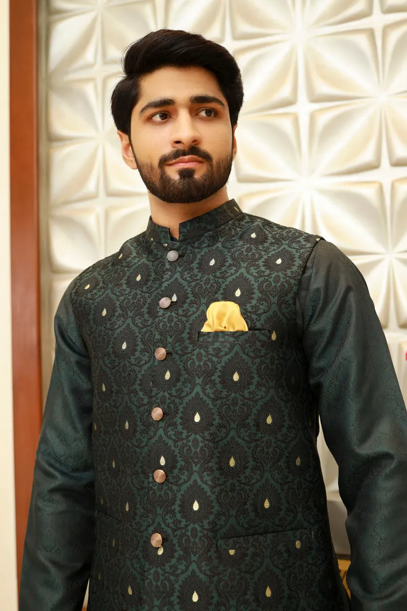 Men Self Printed Jamawar Waistcoat Green