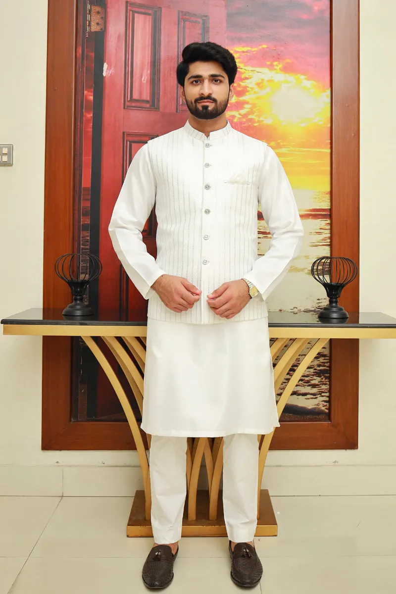 Men Self Printed Jamawar Waistcoat White