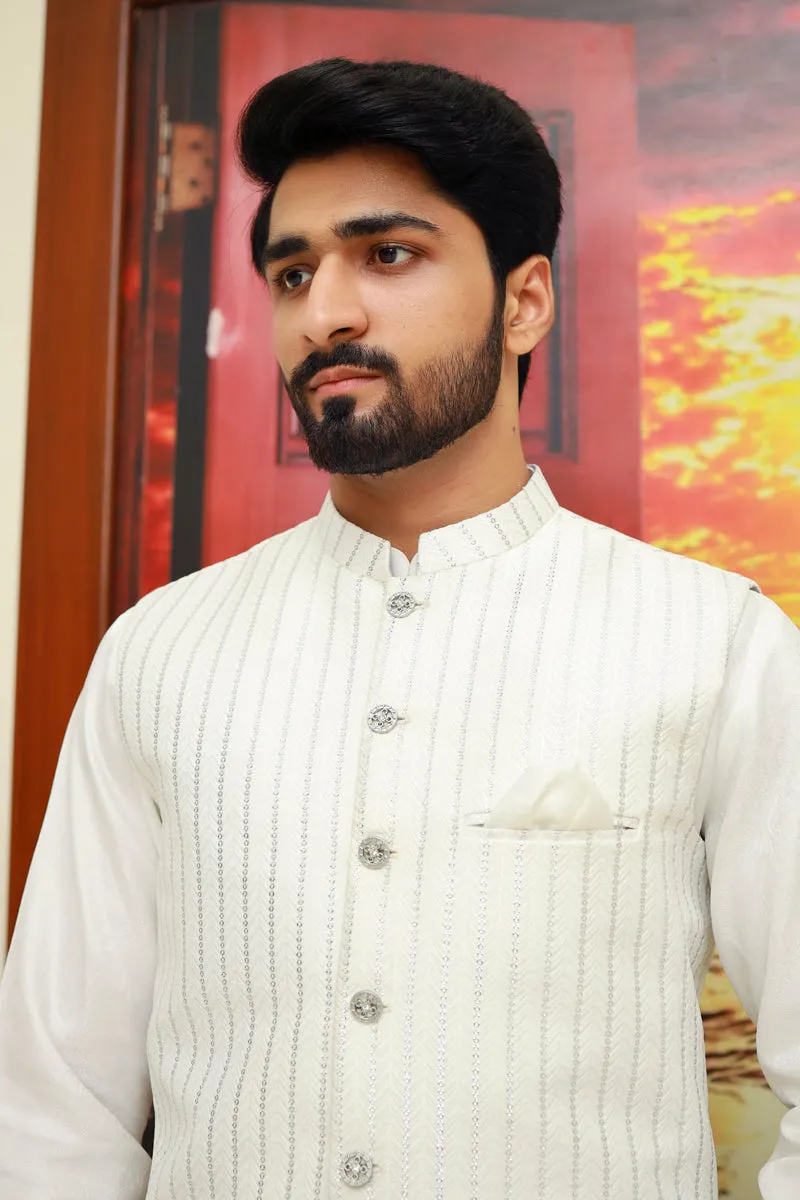 Men Self Printed Jamawar Waistcoat White