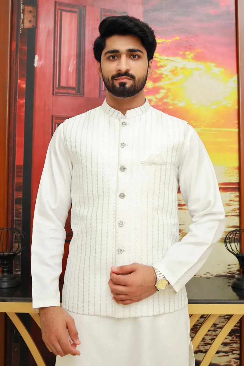 Men Self Printed Jamawar Waistcoat White