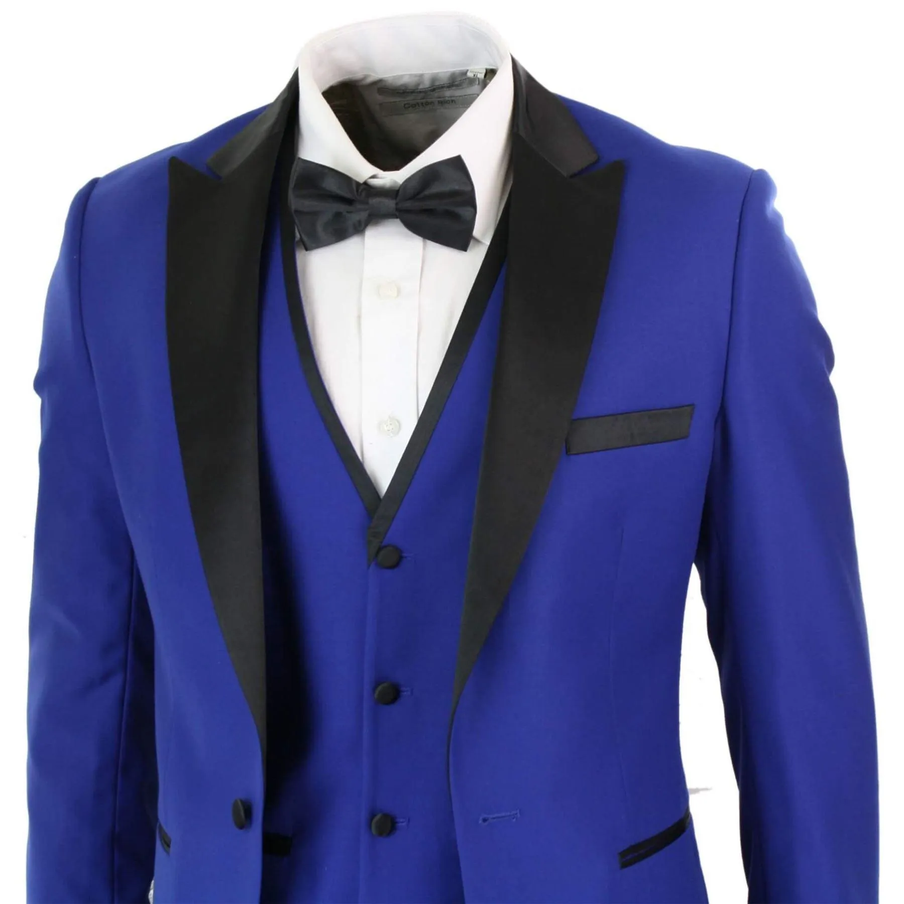 Mens 3 Piece Blue Black Satin Tuxedo Dinner Suit Tailored Fit Wedding Prom Groom