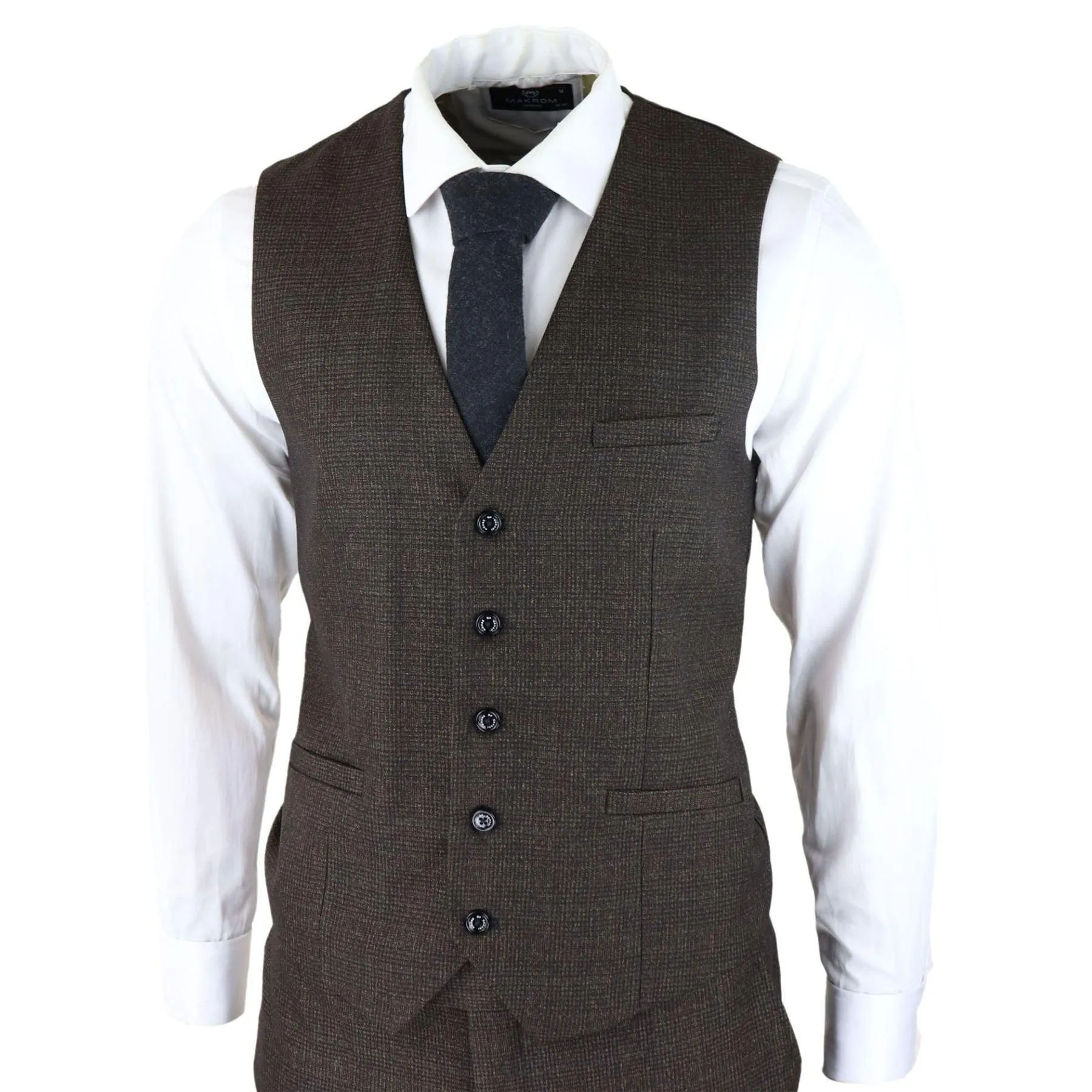 Mens 3 Piece Check Suit Tweed Black Brown Tailored Fit Wedding Peaky Classic