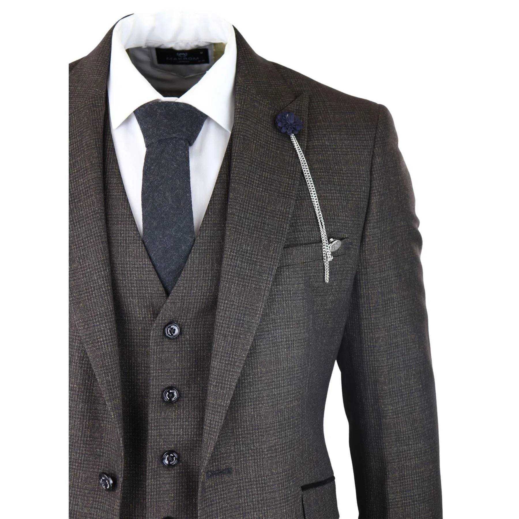 Mens 3 Piece Check Suit Tweed Black Brown Tailored Fit Wedding Peaky Classic