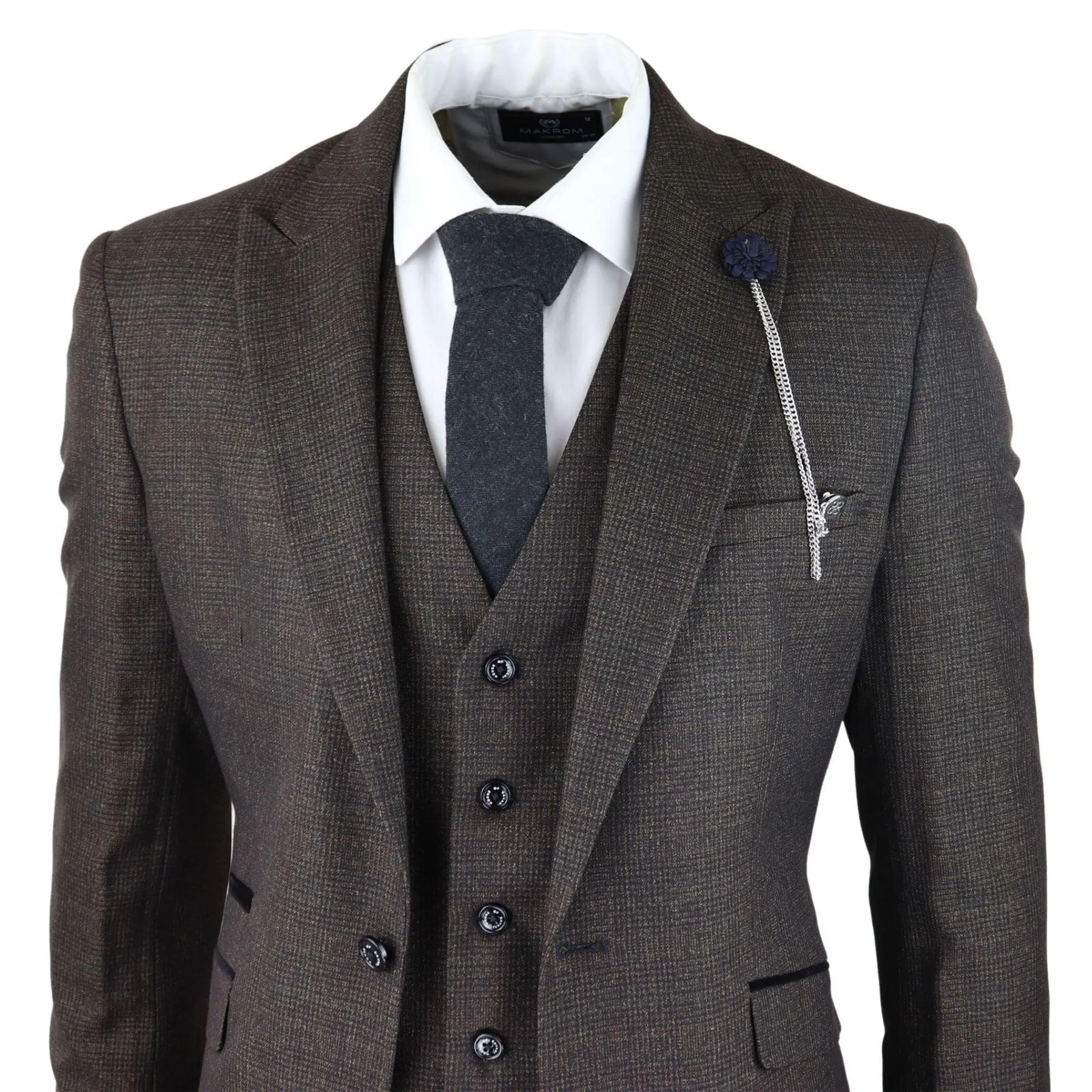 Mens 3 Piece Check Suit Tweed Black Brown Tailored Fit Wedding Peaky Classic