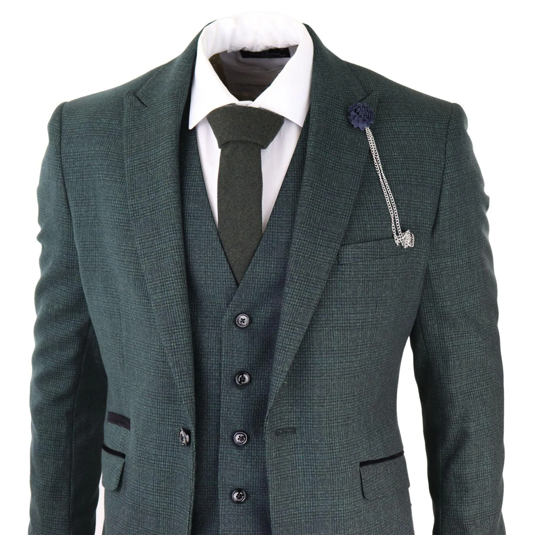 Mens 3 Piece Check Suit Tweed Olive Green Tailored Fit Wedding Peaky Classic