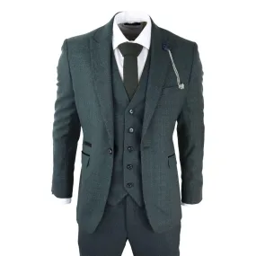 Mens 3 Piece Check Suit Tweed Olive Green Tailored Fit Wedding Peaky Classic