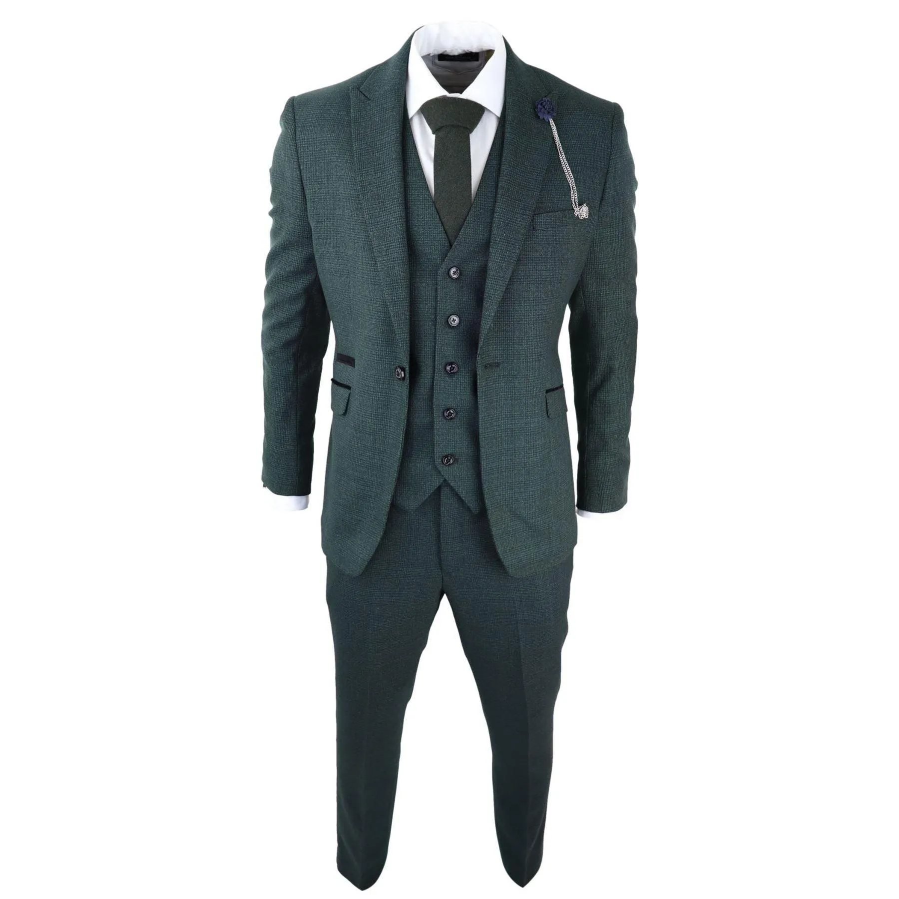 Mens 3 Piece Check Suit Tweed Olive Green Tailored Fit Wedding Peaky Classic