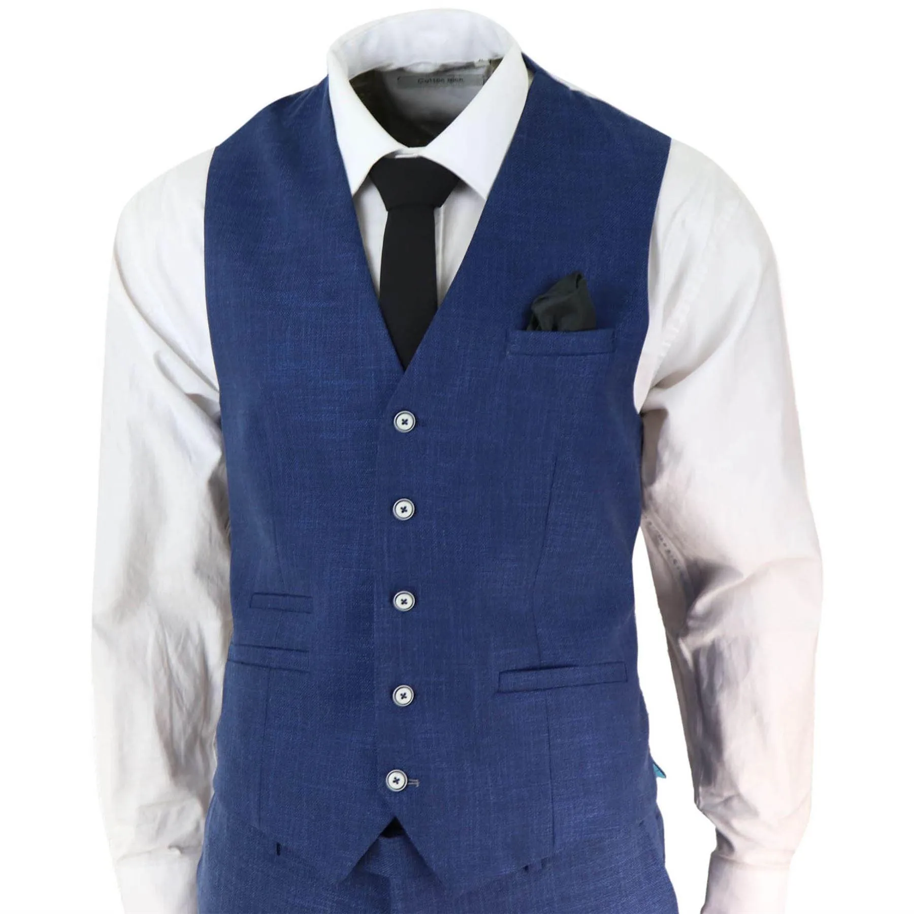 Mens 3 Piece Suit Blue Summer Linen Tailored Fit Wedding Prom Classic