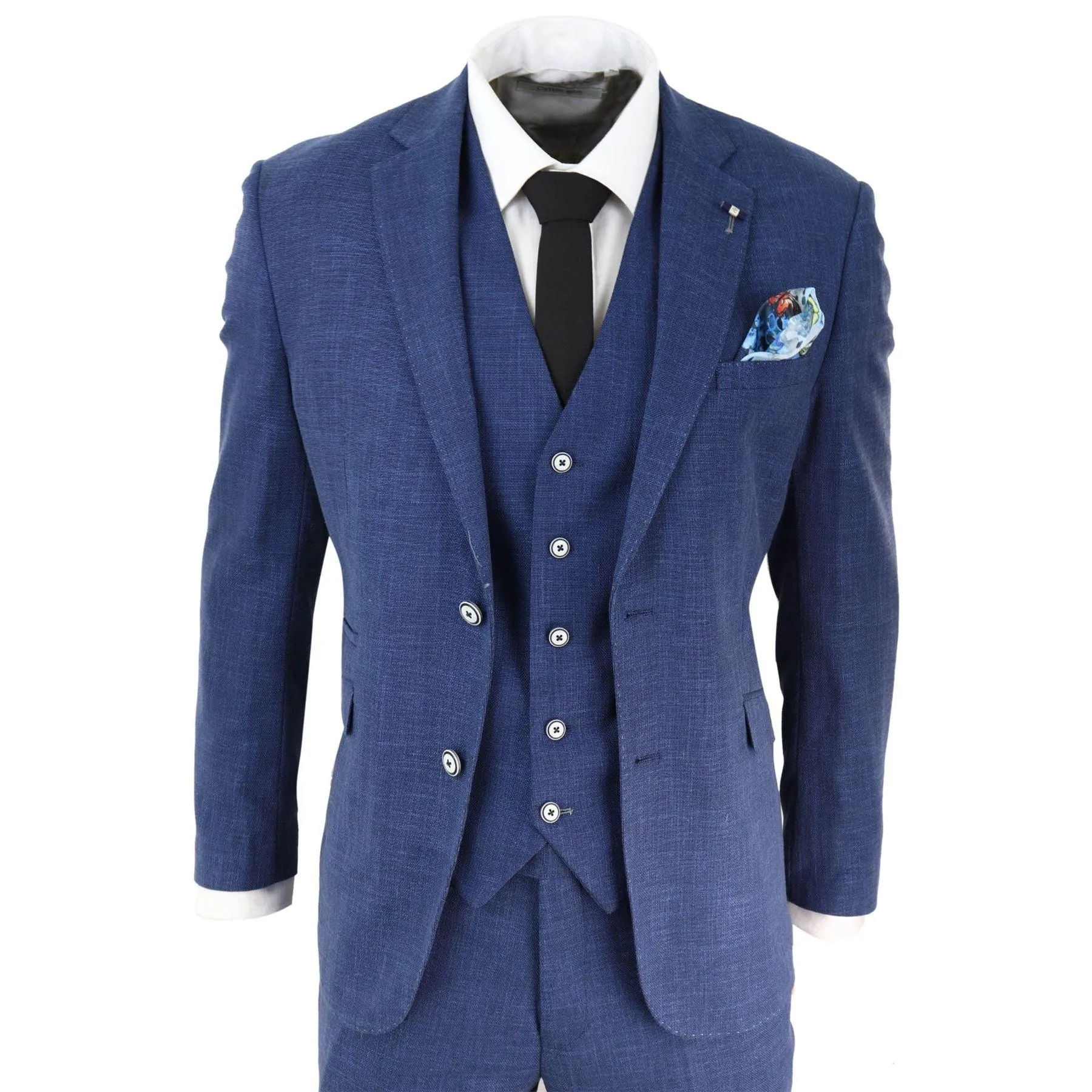 Mens 3 Piece Suit Blue Summer Linen Tailored Fit Wedding Prom Classic