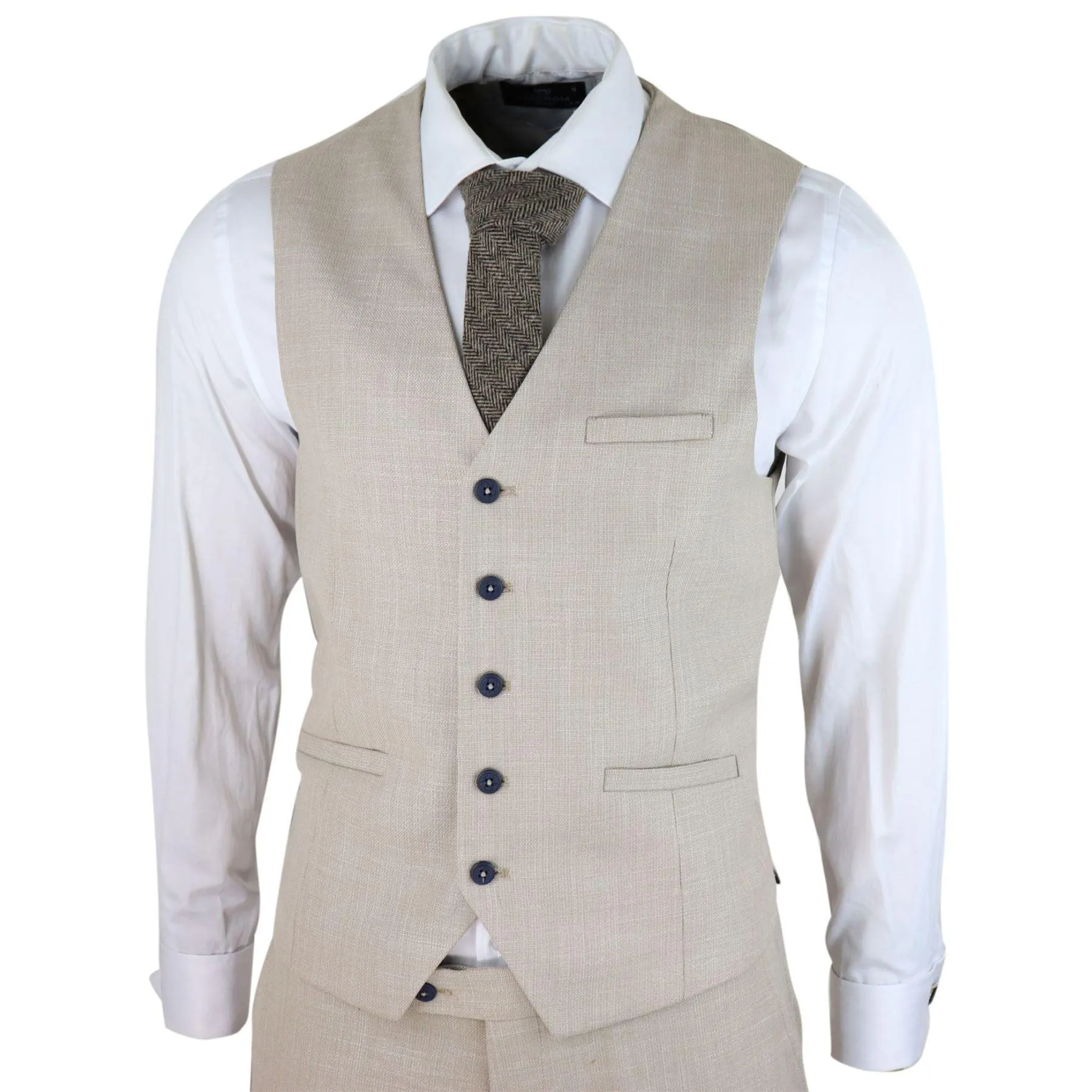 Mens 3 Piece Suit Linen Beige Cream 2 Button Tailored Fit Classic Retro