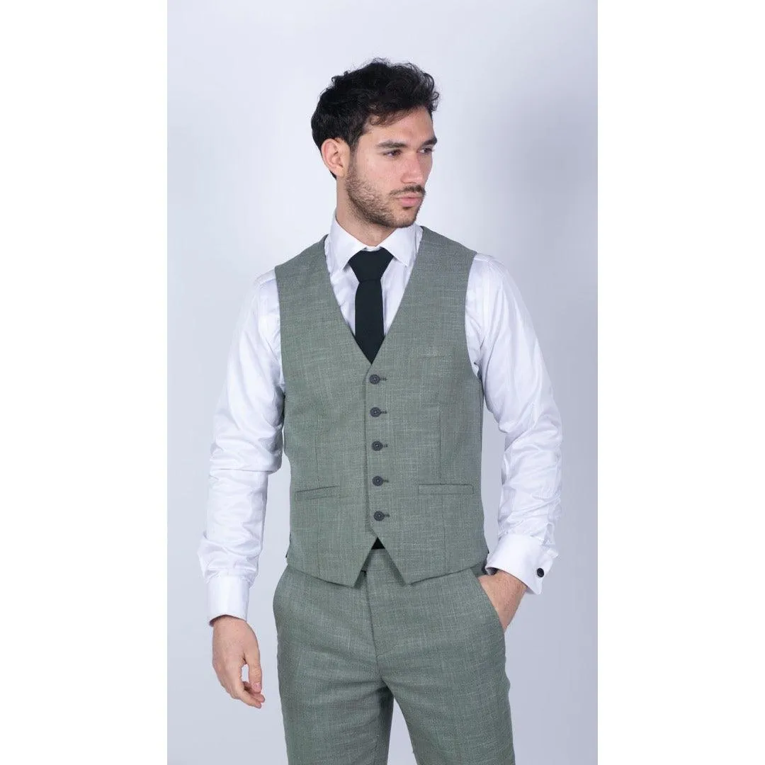 Mens 3 Piece Suit Sage Green Summer Linen Tailored Fit Wedding Prom Classic