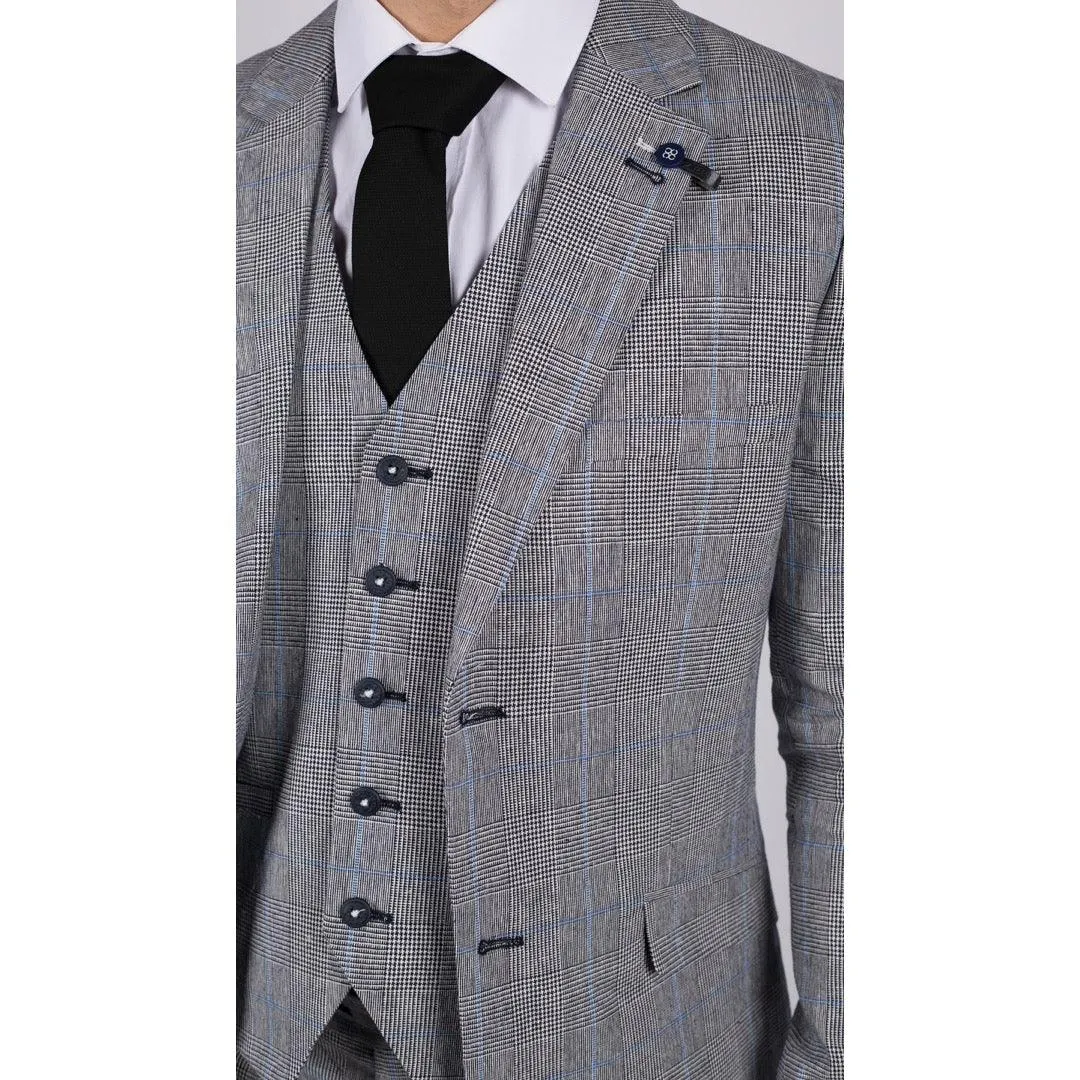 Mens 3 Piece Summer Suit Grey Check Blue Black Tailored Fit Classic Wedding Formal