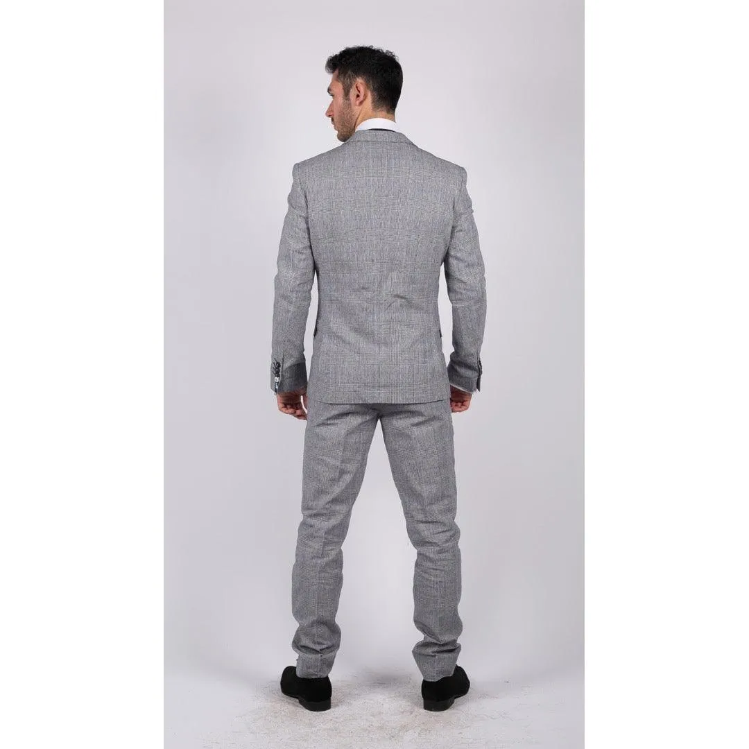 Mens 3 Piece Summer Suit Grey Check Blue Black Tailored Fit Classic Wedding Formal