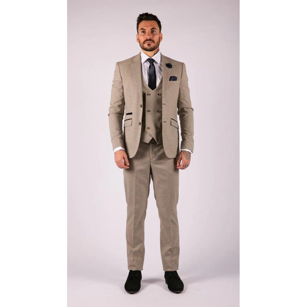 Mens Beige Navy Check Suit Vintage Classic Prince Of Wales Tailored Fit Wedding