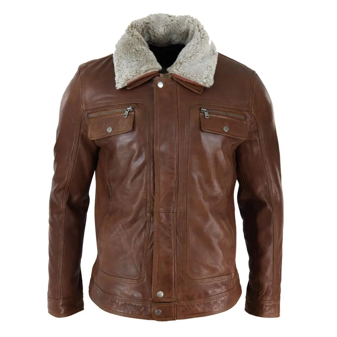 Mens Black brown Real Leather Jacket Sheepskin Collar Short Zip Button