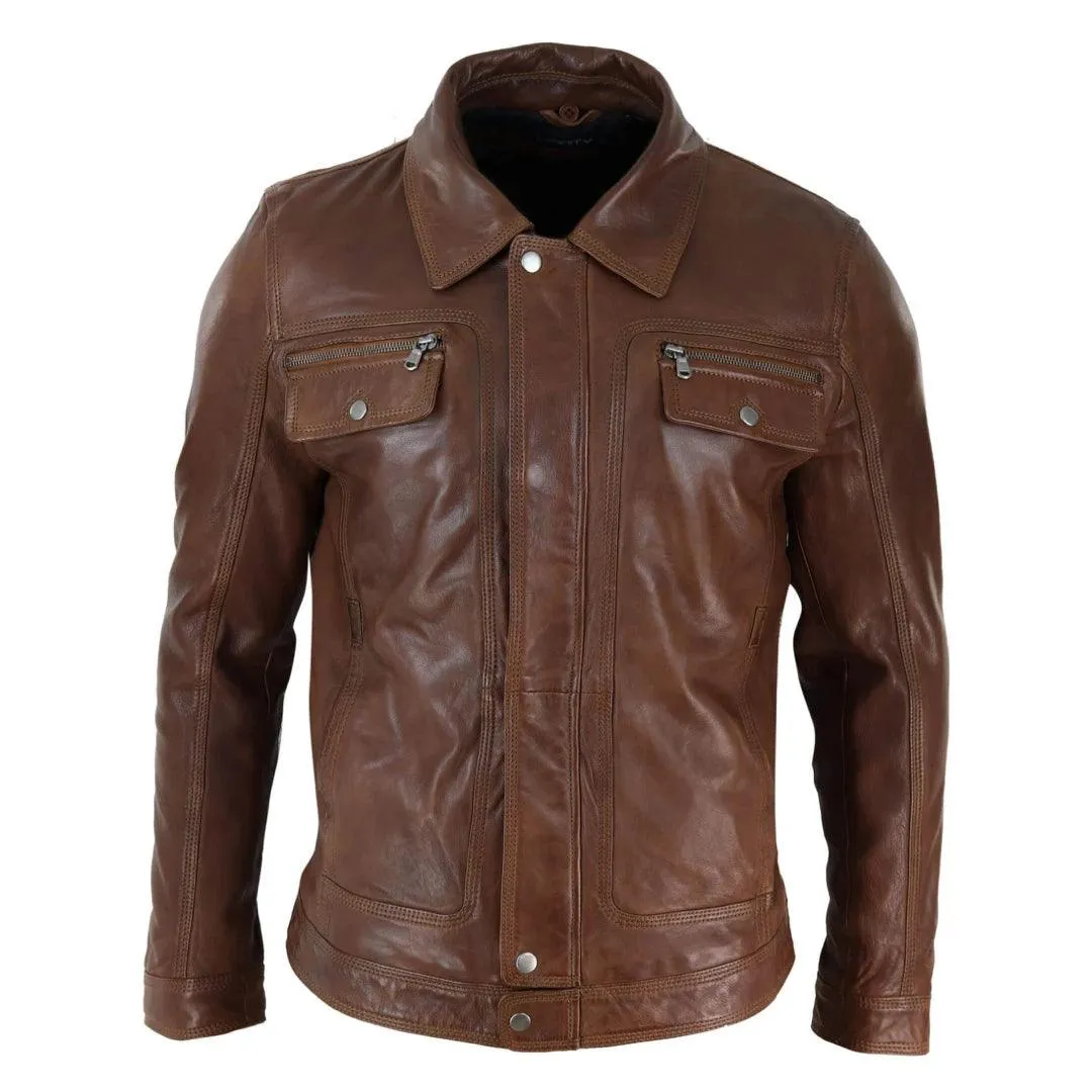 Mens Black brown Real Leather Jacket Sheepskin Collar Short Zip Button