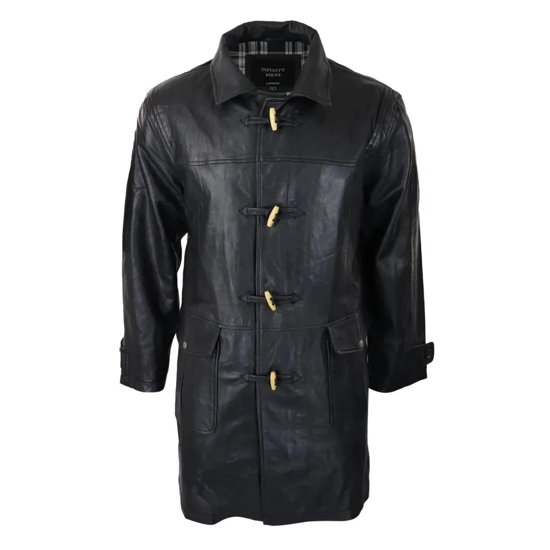 Mens Black Real Leather Duffle Jacket Coat Toggle Classic Fisherman Hooded 3/4