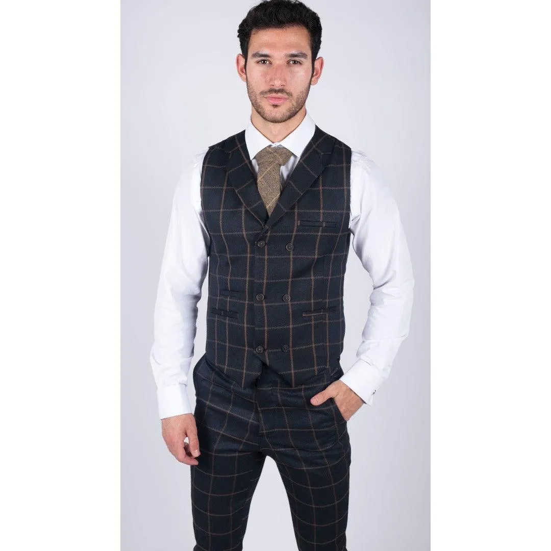 Mens Classic Waistcoat Prince Of Wales Check Navy Slim Fit Vintage Wedding