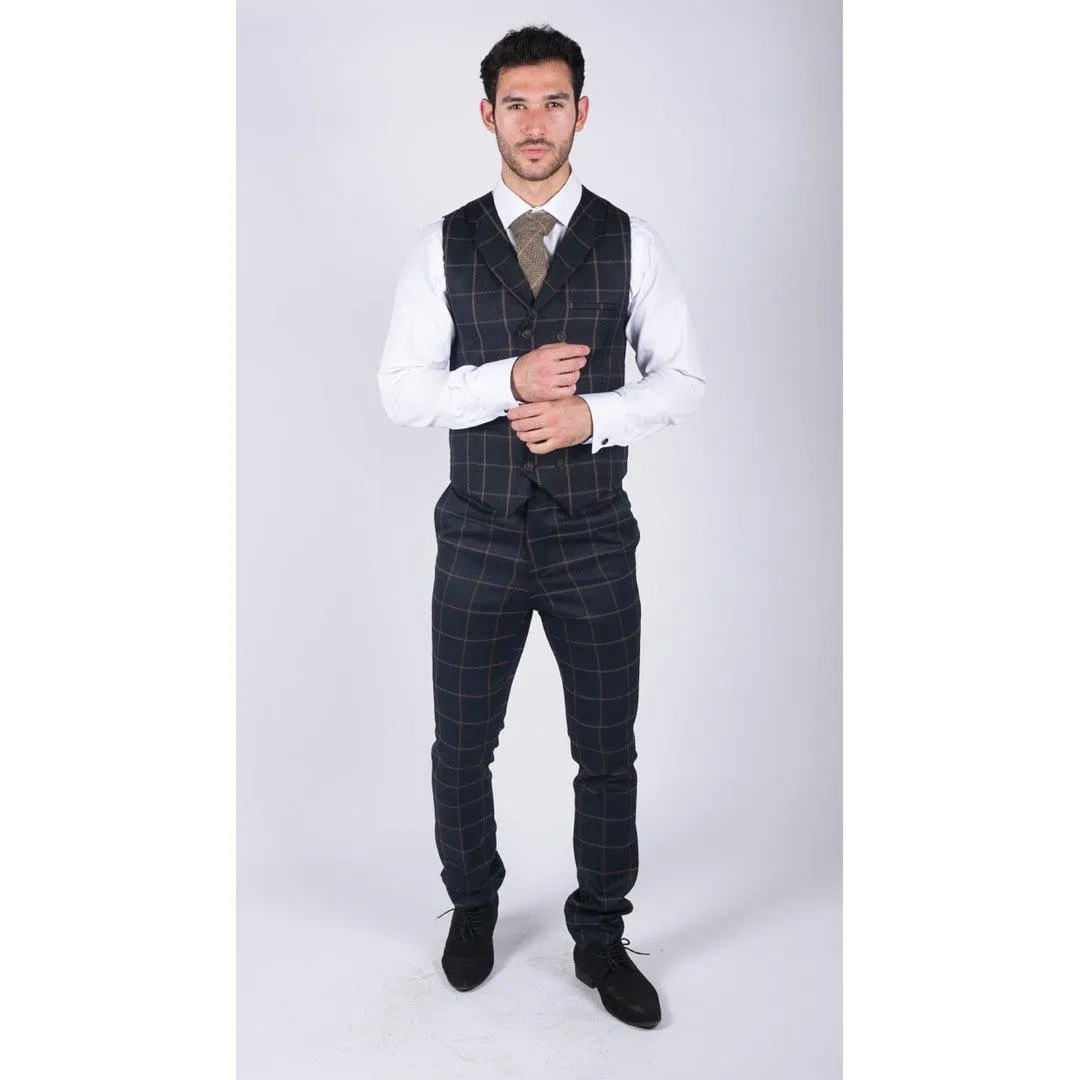 Mens Classic Waistcoat Prince Of Wales Check Navy Slim Fit Vintage Wedding