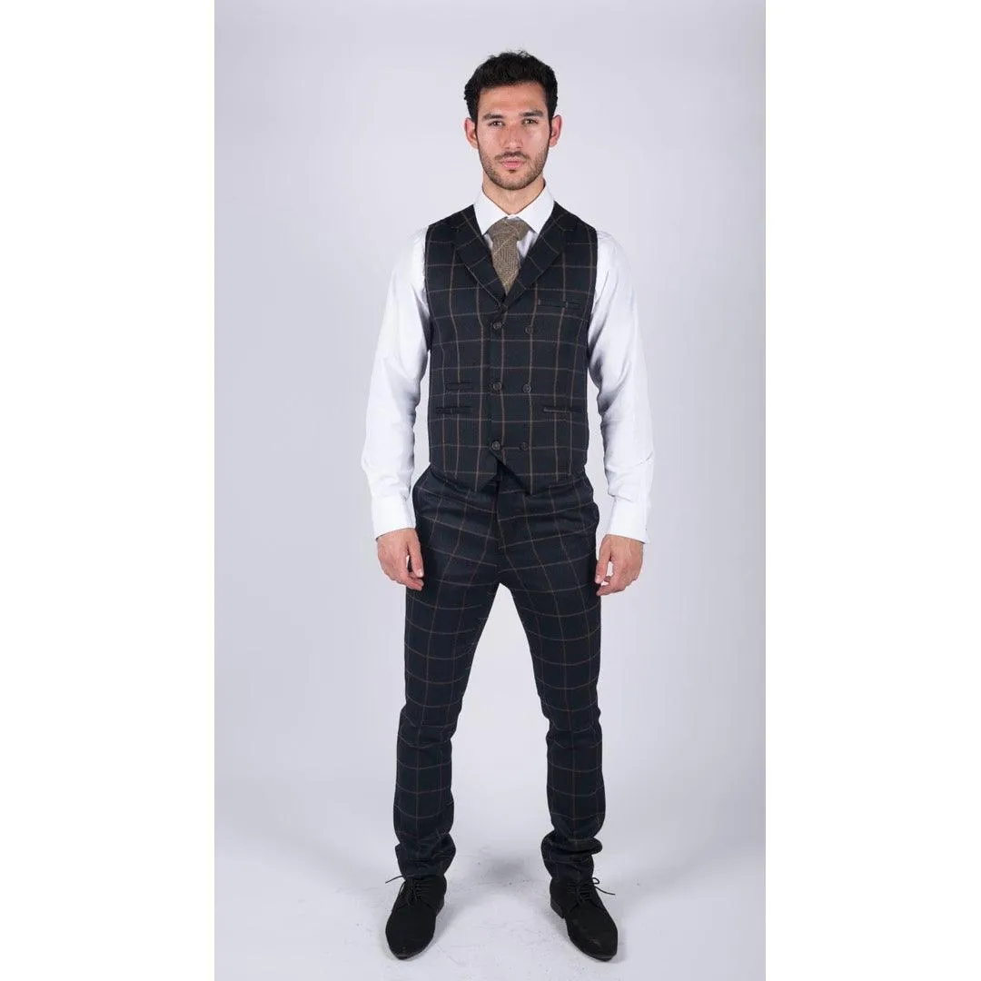 Mens Classic Waistcoat Prince Of Wales Check Navy Slim Fit Vintage Wedding