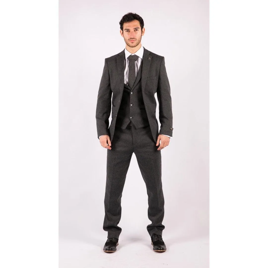 Mens Grey Black 3 Piece Tweed Suit Herringbone Wool Vintage Retro