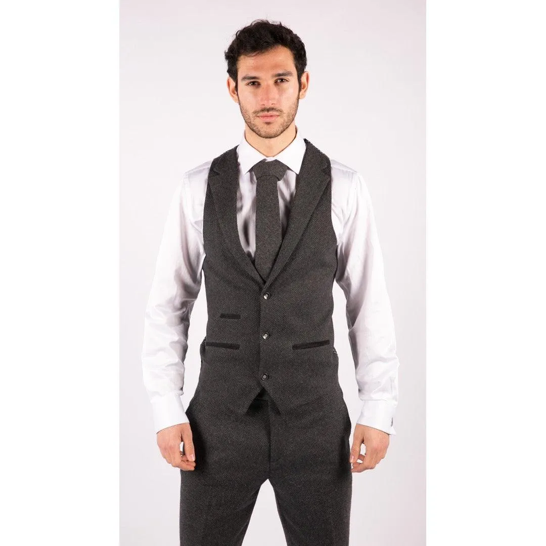 Mens Grey Black 3 Piece Tweed Suit Herringbone Wool Vintage Retro