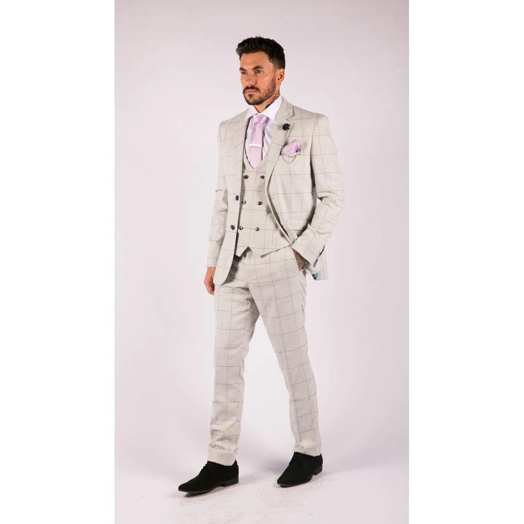 Mens Light Grey Check 3 Piece Suit Double Breasted Waoistcoat Tailored Fit