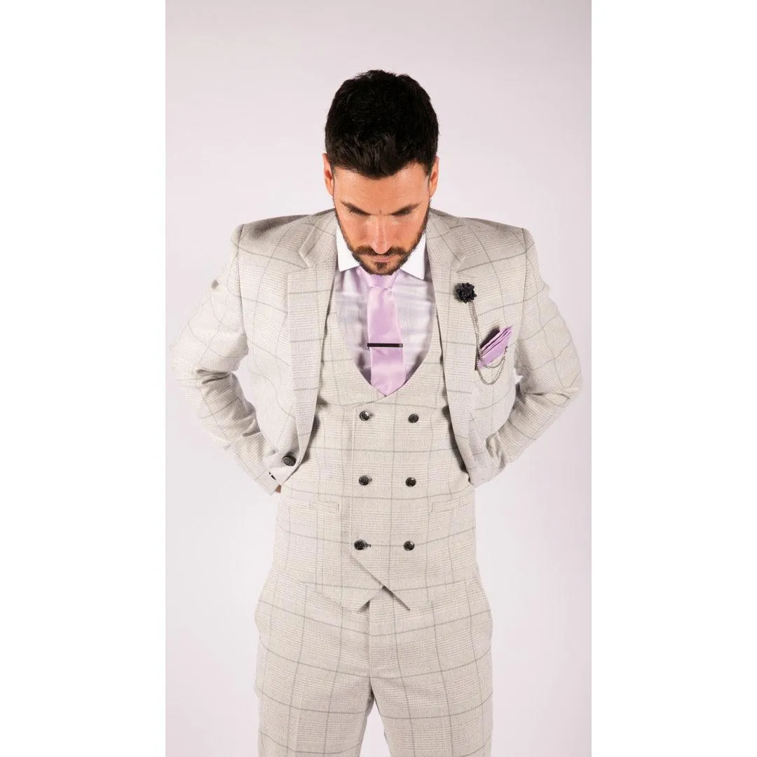 Mens Light Grey Check 3 Piece Suit Double Breasted Waoistcoat Tailored Fit