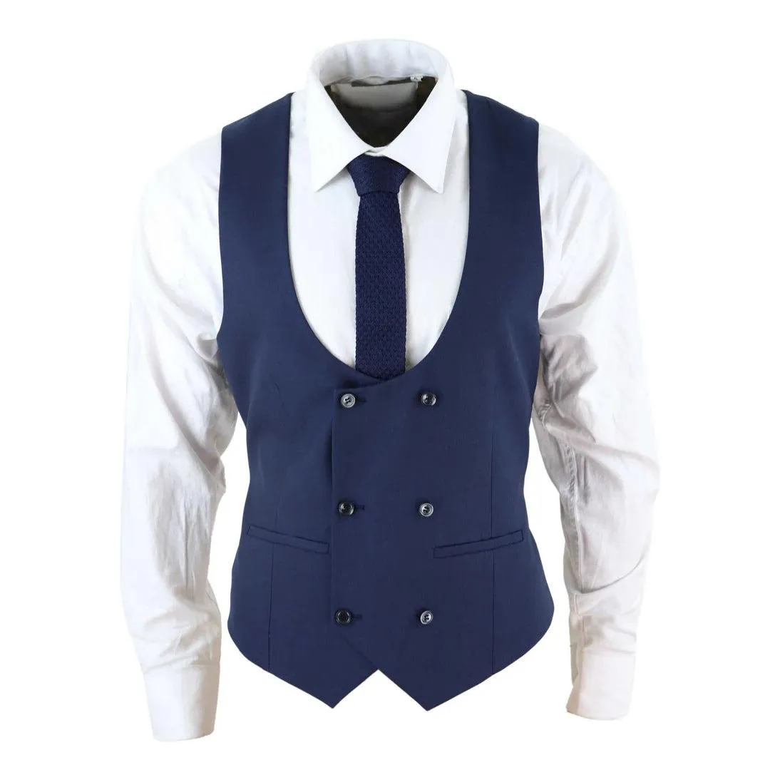 Mens Navy Double Breasted Tailored Fit Classic Retro Office Smart Formal