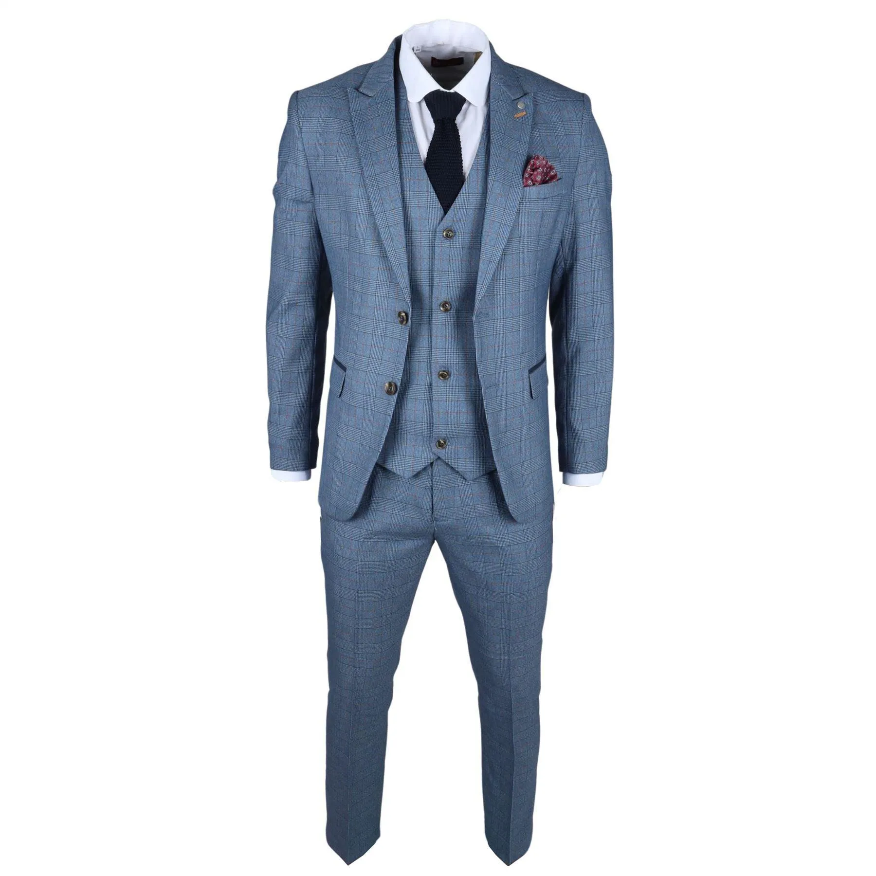 Men's Suit 3 Piece Blue Checked Classic Plaid Tailored Fit Formal Dress