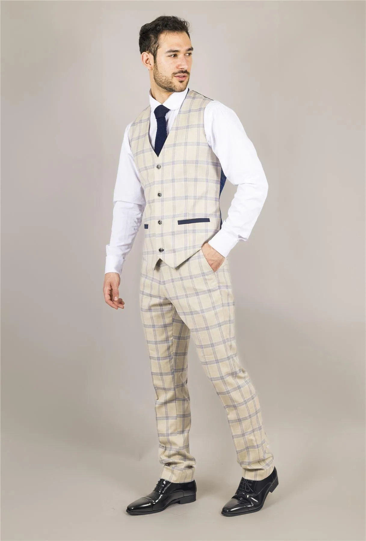 Men's Waistcoat Beige Checked Tailored Fit Vest