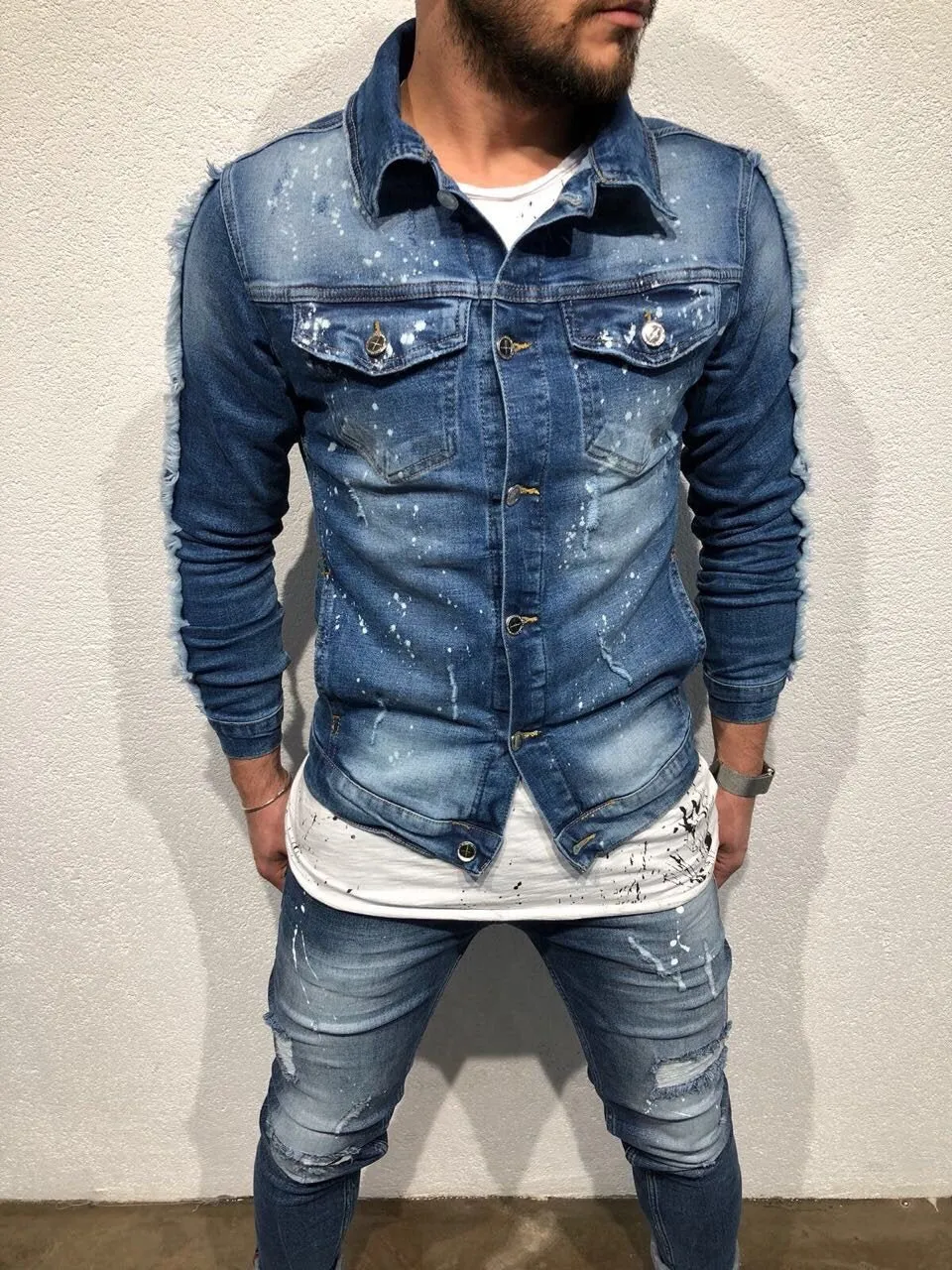 Money Maker Printed Jeans Jacket B81 Streetwear Mens Jean Jacket