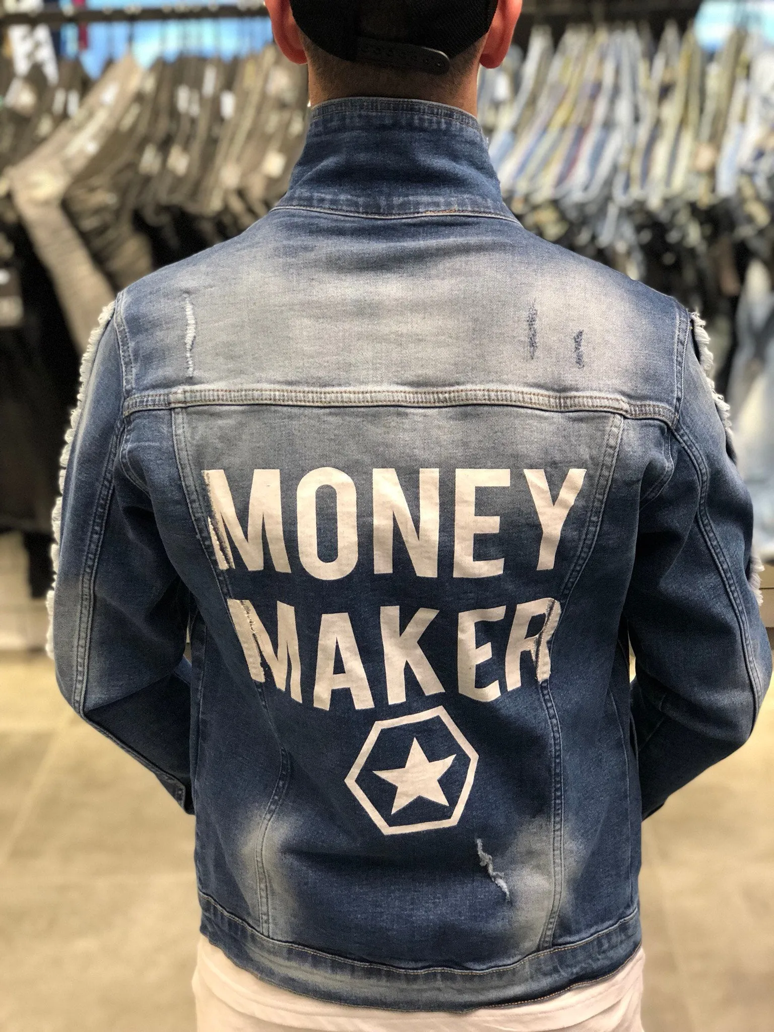 Money Maker Printed Jeans Jacket B81 Streetwear Mens Jean Jacket