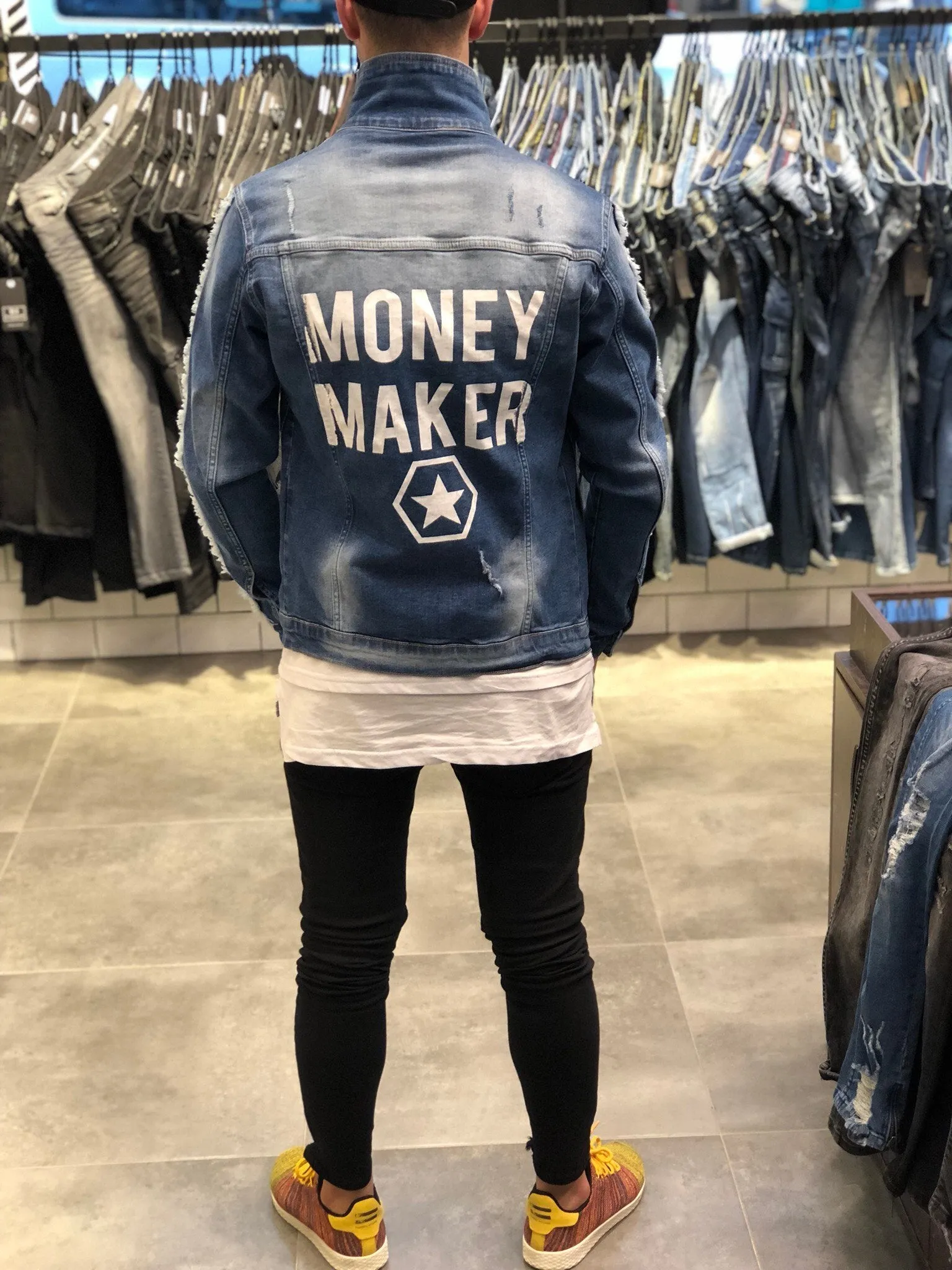 Money Maker Printed Jeans Jacket B81 Streetwear Mens Jean Jacket