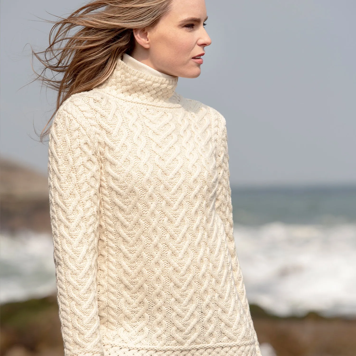 Natural Aran Polo Neck Sweater