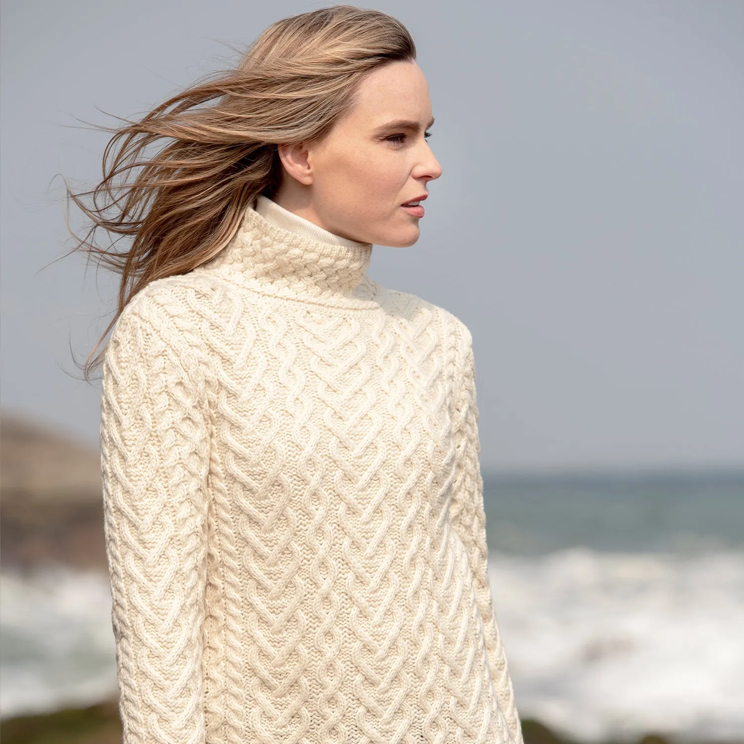 Natural Aran Polo Neck Sweater