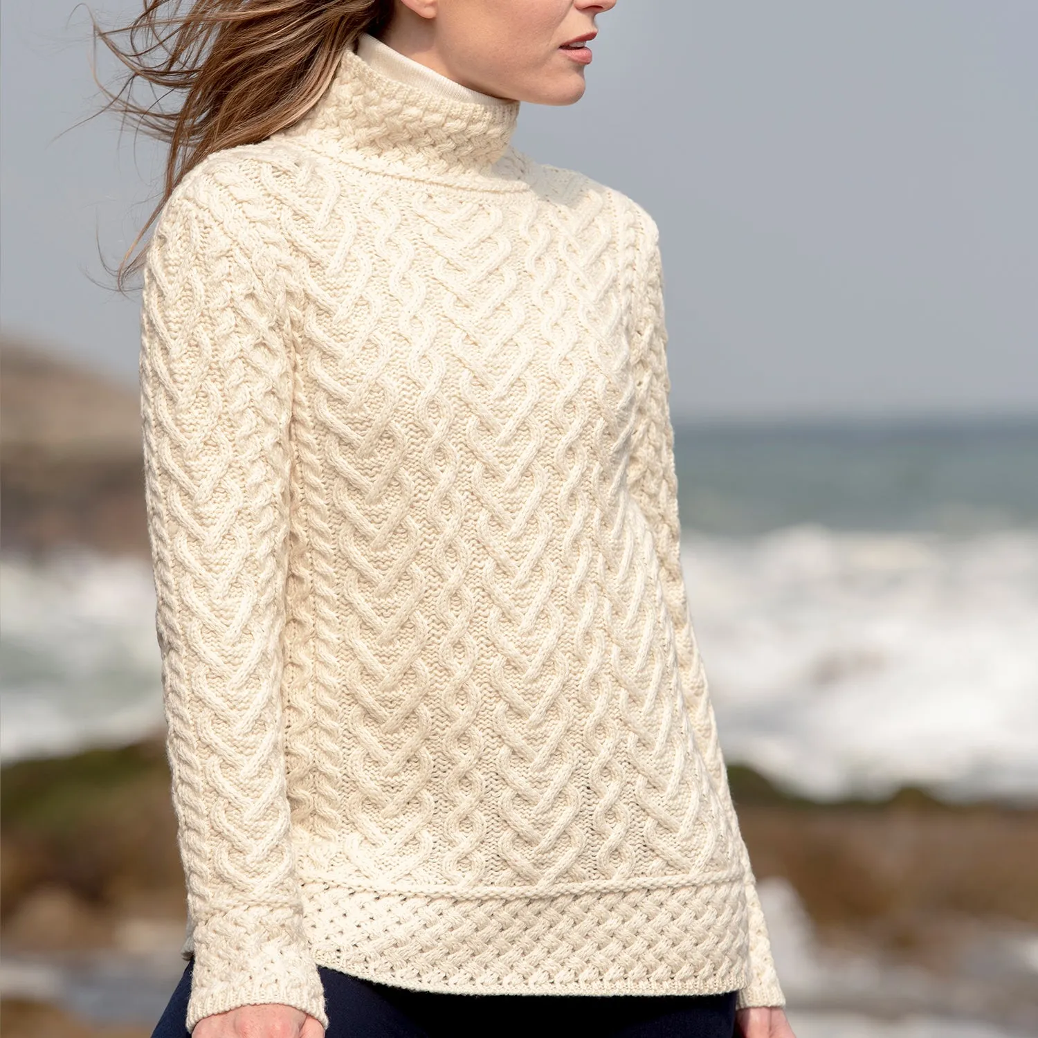 Natural Aran Polo Neck Sweater