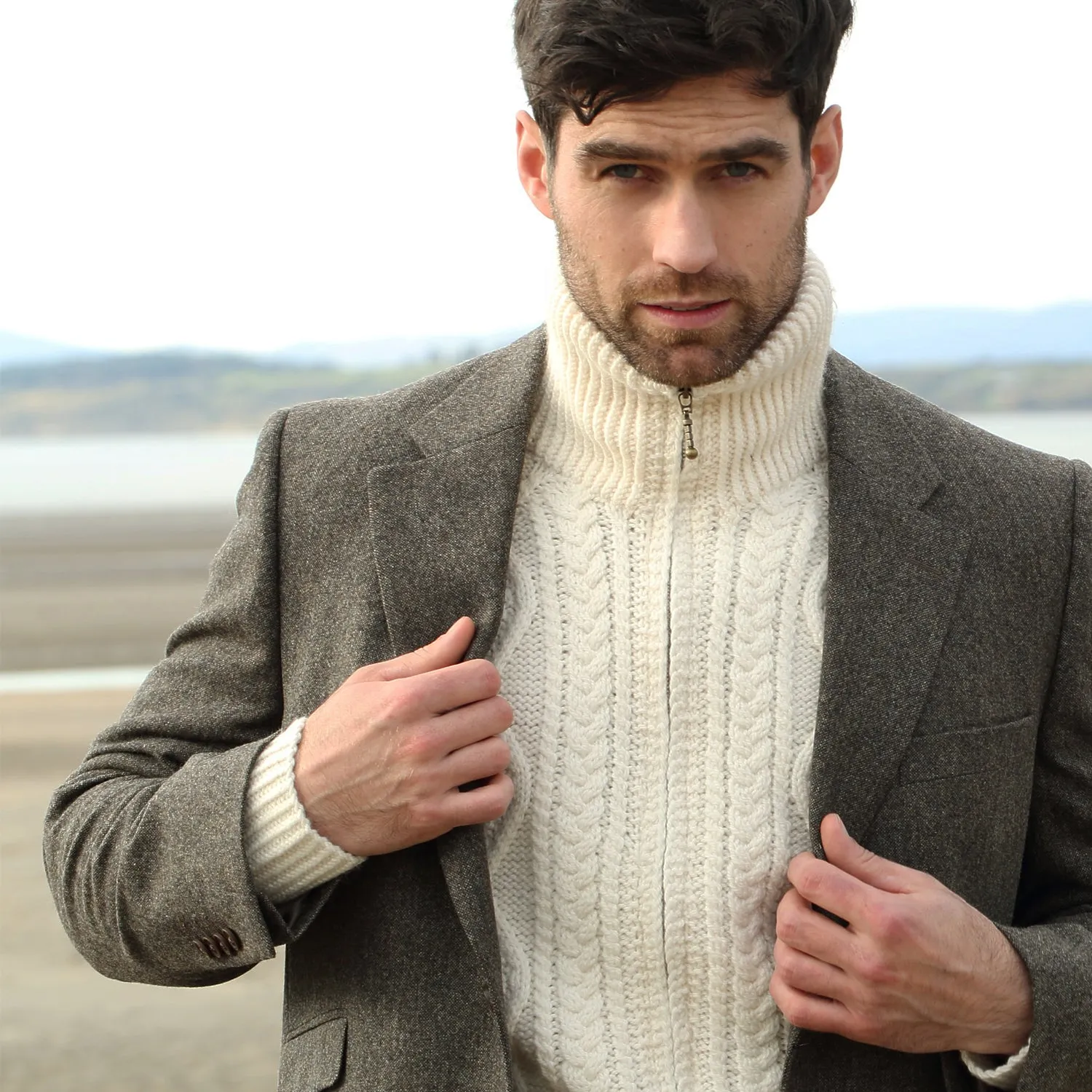 Natural Unisex Hand Knit Aran Cardigan