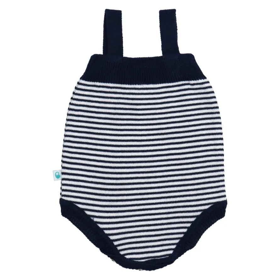 Navy Blue Striped Cotton Knit Overalls