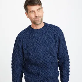 Navy Unisex Hand Knit Crew Neck Aran Sweater