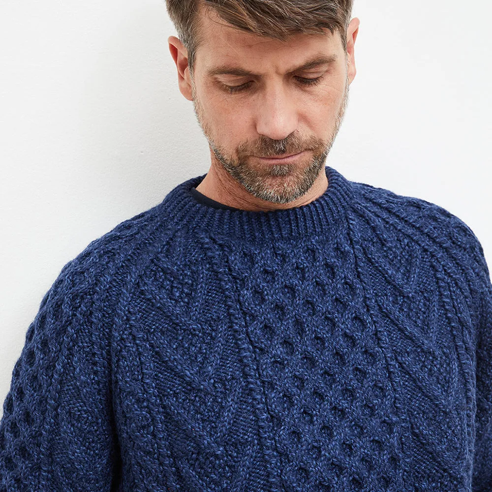 Navy Unisex Hand Knit Crew Neck Aran Sweater